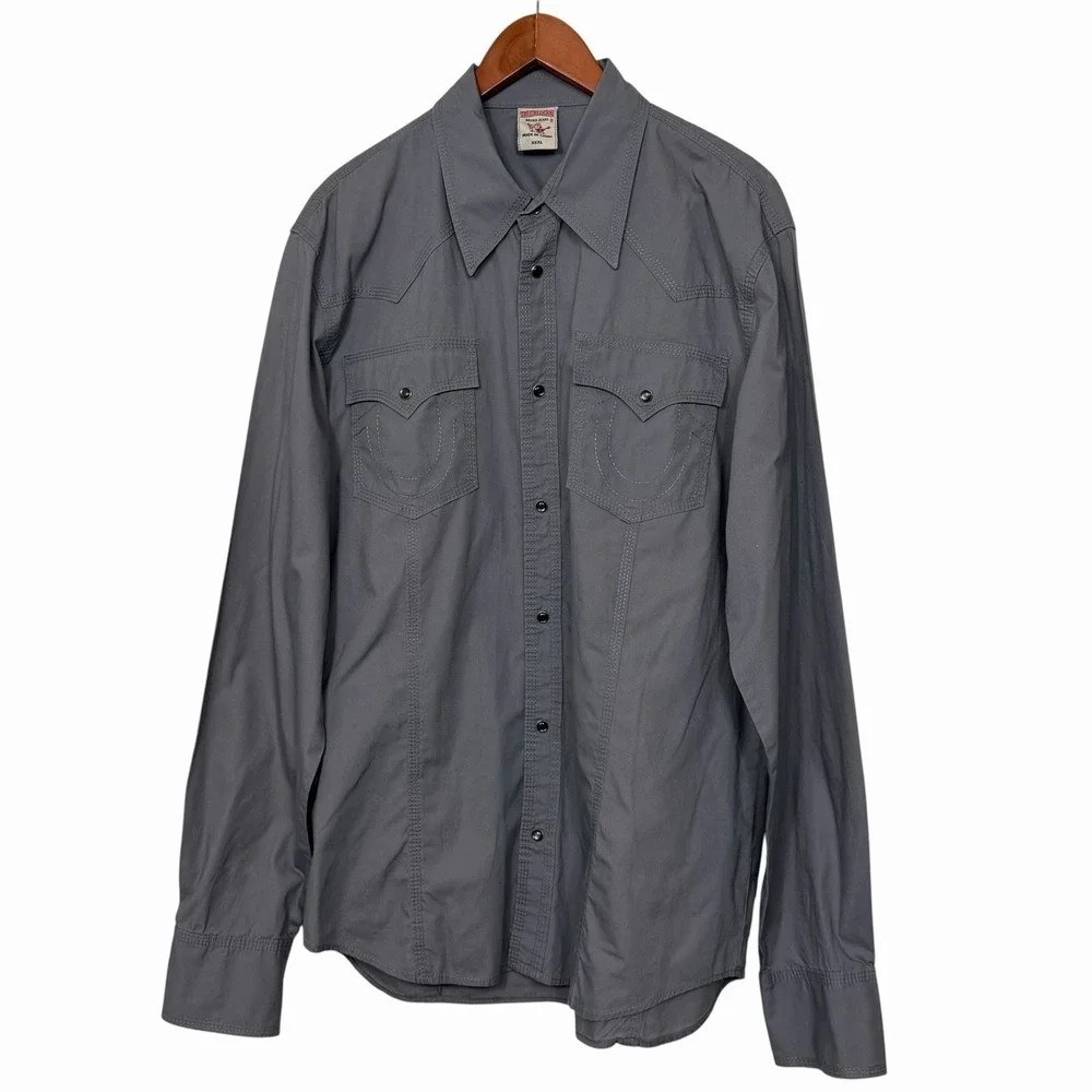 True Religion Western Men's Shirt XXXL Gray Pearl Snap Cowboy Rodeo Cotton